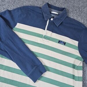 LL Bean Mens Rugby Shirt Long Sleeve M Regular Blue Green Cream Stripe Collared